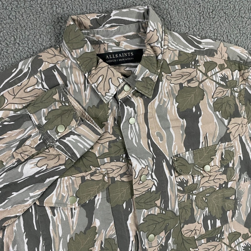 AllSaints Hidden Shirt Mens Medium Woodland Camo Flannel Snap Double Flap Pocket